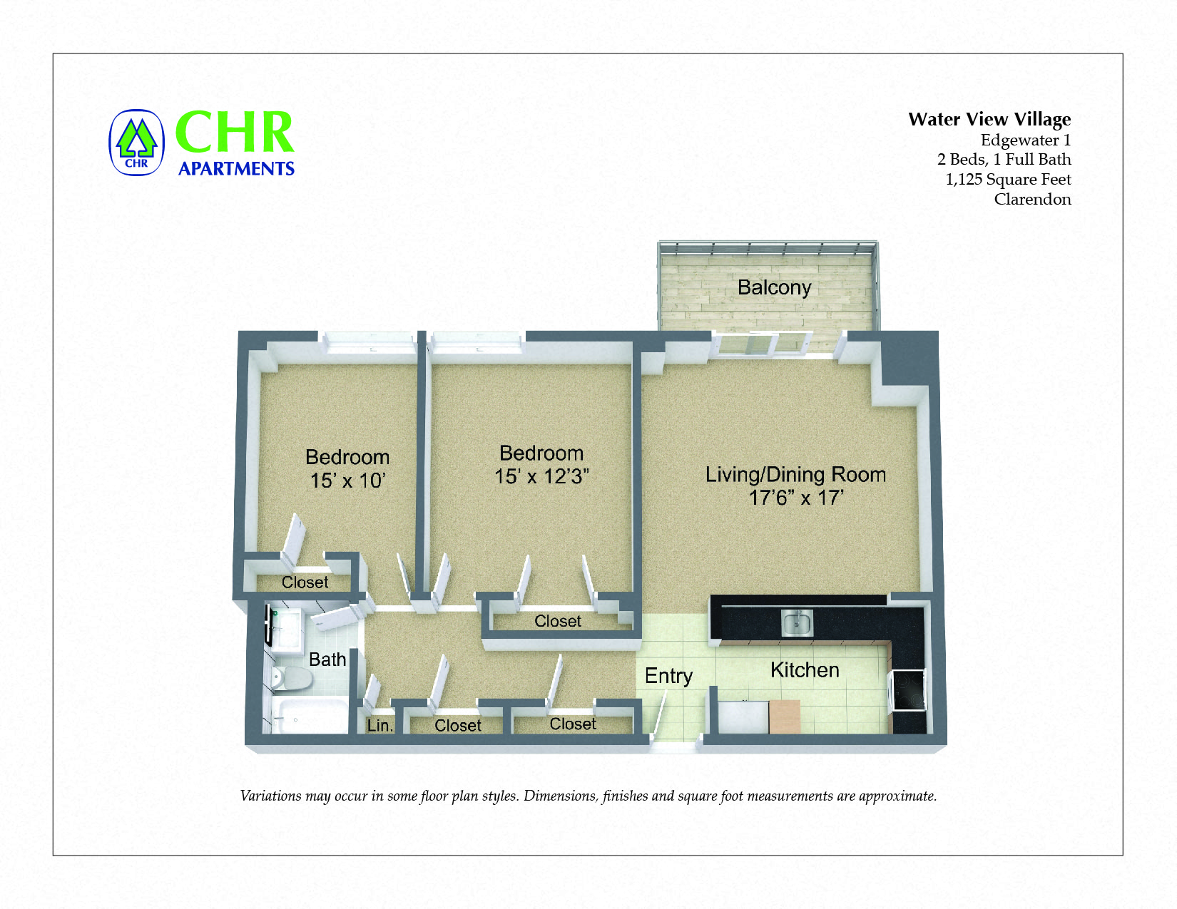 Floor plan for 2 beds, 1 bath, 1125 sqft